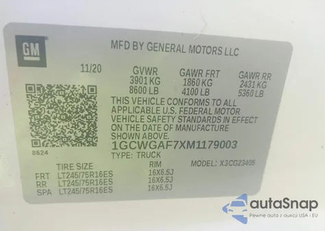 2021 Chevrolet Express Cargo Rwd 2500 Regular Wheelbase Wt из США, поврежденный, VIN 1GCWGAF7XM1179003